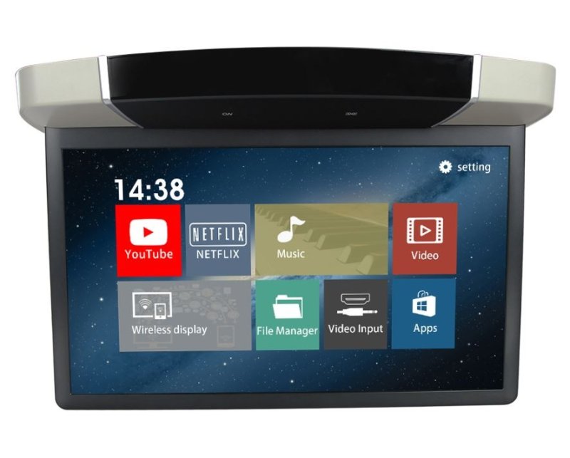 CARCLEVER Stropní LCD monitor 15,6 šedý s OS. Android HDMI / USB, dálkové ovládání se snímačem pohybu (ds-157Agrc)