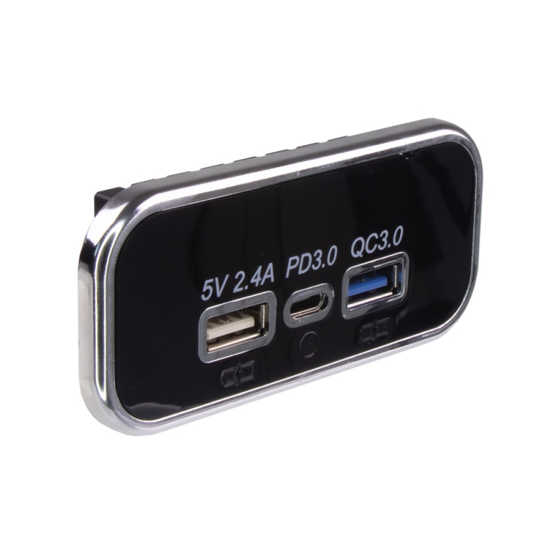 USB 2.4A + QC3.0 + USB-C PD zásuvka 12/24V, chromový rámeček (34678.3)